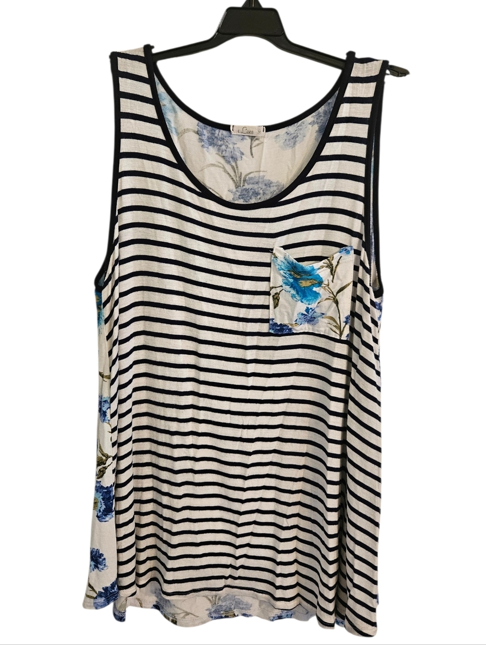 E. Luna Navy Striped Floral Contrast Back Boutique Top Knit Tee Tank Sz M